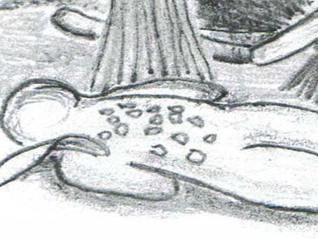 Pencil illustration of a breadman at the feet of a corn dolly fashioned with a skirt, both in front of a scythe, which is in front of two bundles of oat stalks, bristly with oats.