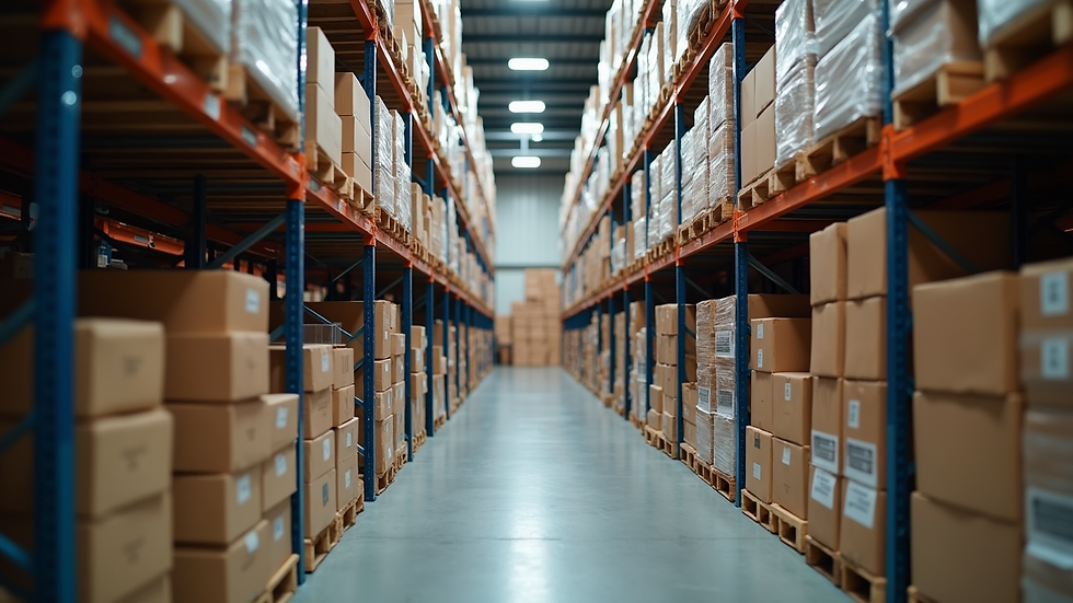 Eye-level view of warehouse shelves with organized inventory boxes