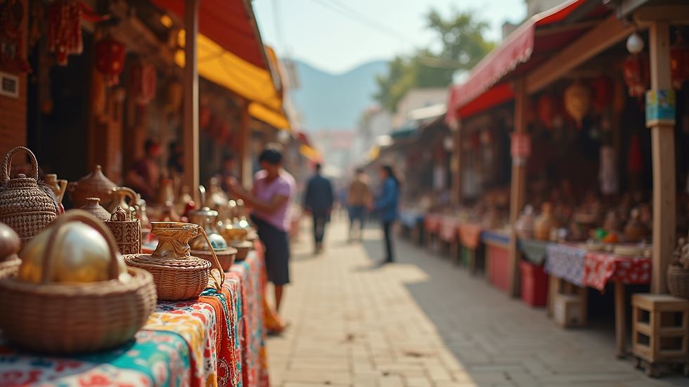 Eye-level view of a vibrant outdoor market showcasing unique handmade crafts