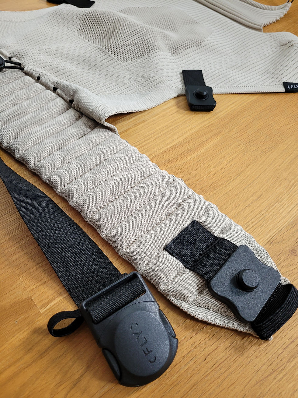 Beige und schwarze Gurte mit Clips auf Holztisch, Produktaufnahme; sichtbares Etikett FLYBABY, ruhige neutrale Stimmung. Testbericht Flybaby Babytrage