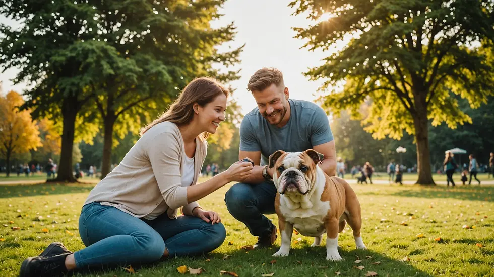 Wide angle view of a happy family playing with their bulldog in the park