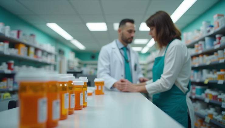 Eye-level view of a CVS pharmacy prescription counter with medication bottles lined up