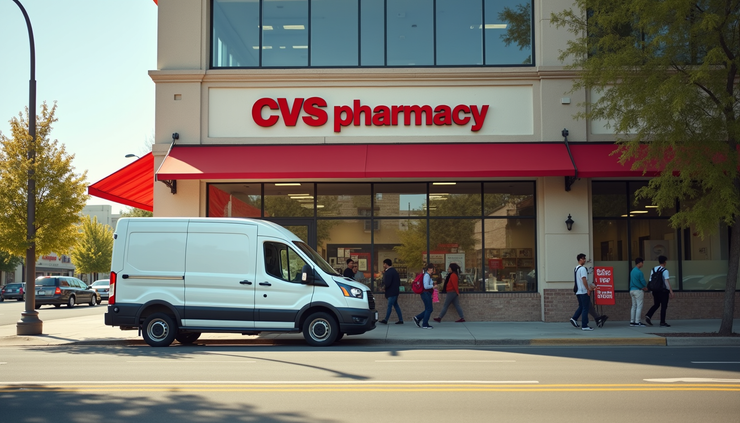 Eye-level view of a CVS pharmacy storefront with a delivery van parked outside
