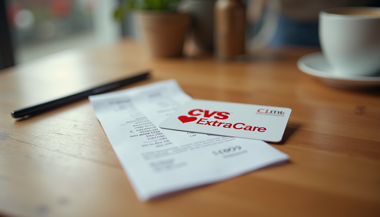 Eye-level view of CVS ExtraCare card placed on a wooden table with a shopping receipt