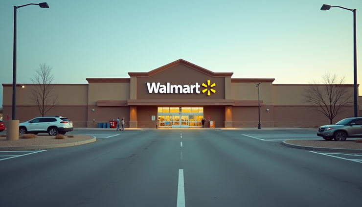 Eye-level view of Walmart store entrance with clear signage and parking lot