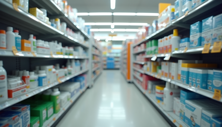 Eye-level view of CVS store aisle with OTC health products neatly arranged on shelves
