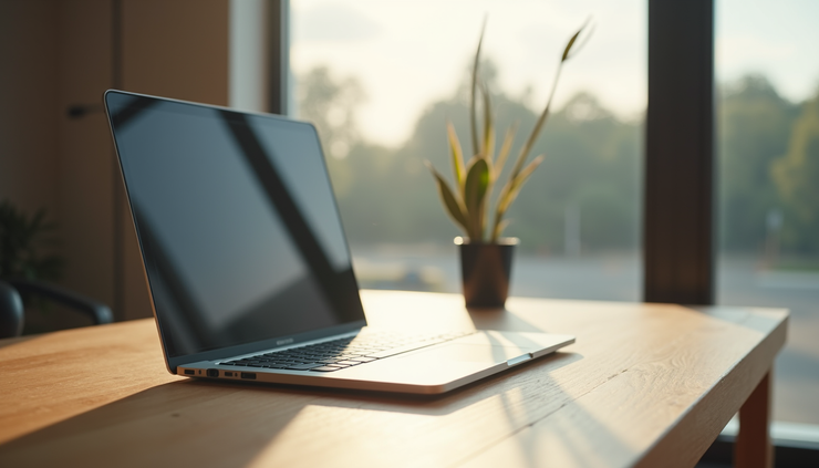 Eye-level view of a sleek laptop on a wooden desk with a modern design