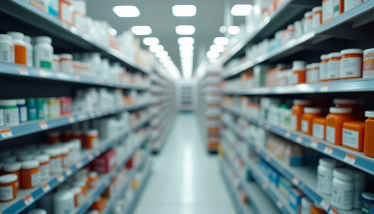 Eye-level view of a CVS pharmacy aisle with prescription medications on shelves