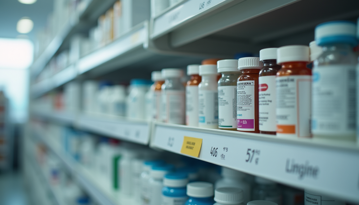 Eye-level view of a pharmacy shelf stocked with hormone prescription medications