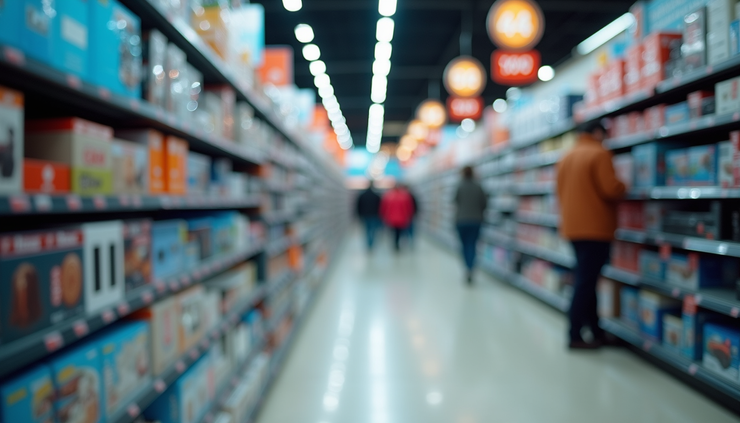 Eye-level view of a Best Buy store aisle filled with discounted electronics