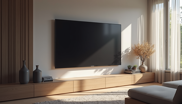 Eye-level view of a sleek LG OLED TV mounted on a modern living room wall