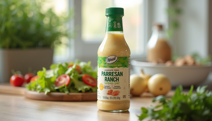 Close-up view of a packaged Parmesan Ranch salad dressing bottle on a kitchen counter