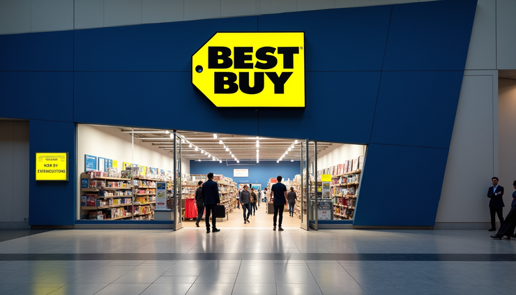 Eye-level view of a Best Buy store entrance with clear signage