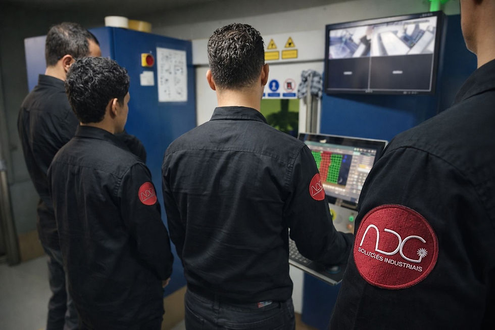 Quatro pessoas em uniformes pretos operam máquinas industriais em uma sala com telas de monitoramento. Clima sério, brasões vermelhos visíveis.