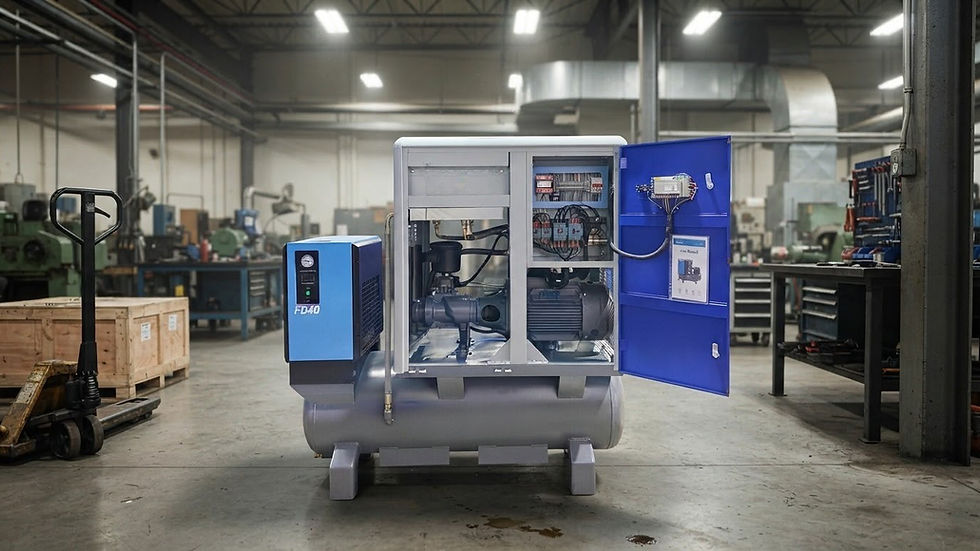 Compressor industrial azul FD40 aberto em oficina, com tubulações e motor expostos, cercado por ferramentas.