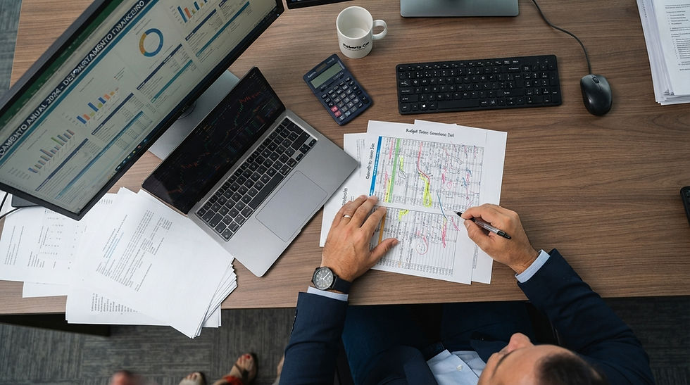 Homem analisa gráficos financeiros marcados na mesa, com notebook, calculadora e monitor com Planejamento Anual 2026.