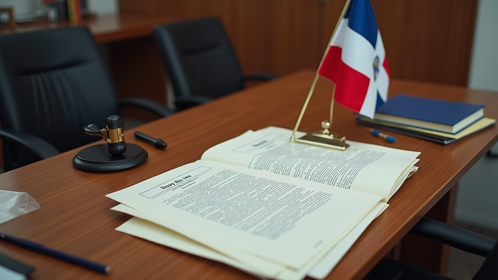 High angle view of a notary office with documents and a Dominican Republic flag