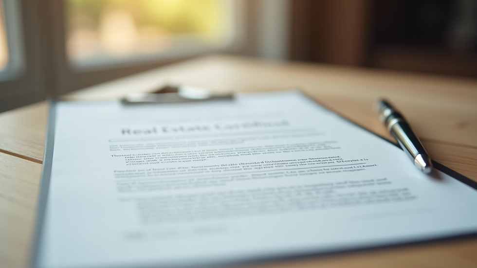 Close-up view of a real estate contract and pen on a wooden table