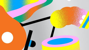 Dependent Visa HK: Abstract art with colorful shapes and lines on a gray background; features bright orange, pink, yellow, and blue with textured patterns.