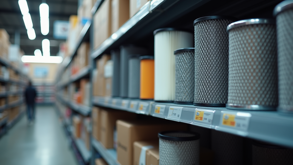 Eye-level view of a variety of Sprinter air filter options displayed on a store shelf