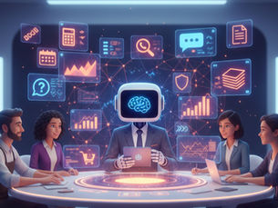 Infográfico futurista mostrando uma equipe de negócios utilizando a Inteligência Artificial da Digitalizei para automação de processos em 2026.