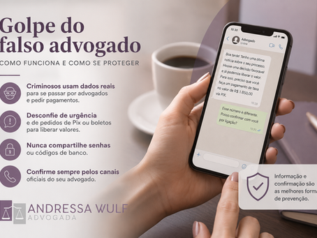 Imagem sobre o golpe do falso advogado, com mensagem solicitando pagamento por Pix e orientações para não cair na fraude.