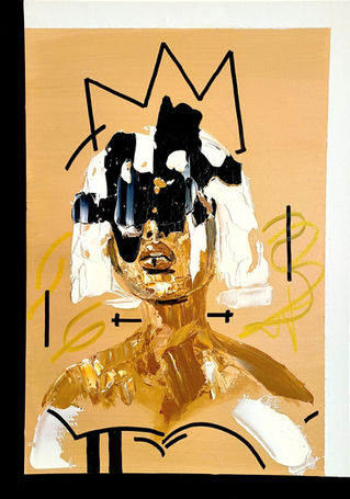 Portrait d'une reine. Son visage est à moitié dissimulé par des coup de peinture au couteau.