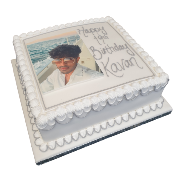 A stunning square edible photo cake with a custom design for a special occasion, perfect for celebrations and events.