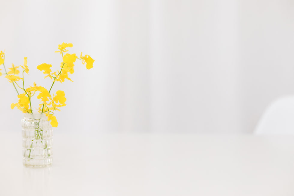 Eine zarte Glasvase mit leuchtend gelben Blumen steht auf einem weißen Tisch, vor einem hellen, schlichten Hintergrund. Die frischen Blumen bringen einen Hauch von Fröhlichkeit und Frische in den Raum.