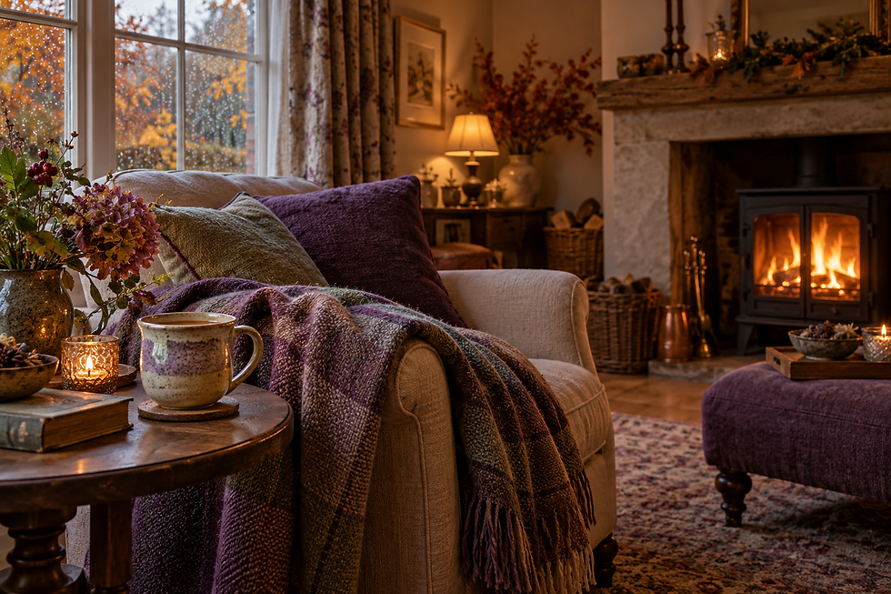 Cosy autumn sitting room with a glowing fireplace, a mug of tea and soft purple blankets, overlooking golden leaves through the window.