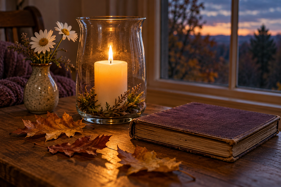 A glowing candle in a glass holder beside a vintage photograph album, white daisies and autumn leaves, with dusk visible through the window.