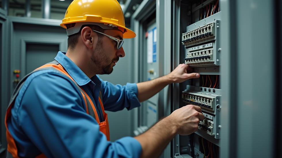 Eye-level view of an electrician inspecting a fuse box