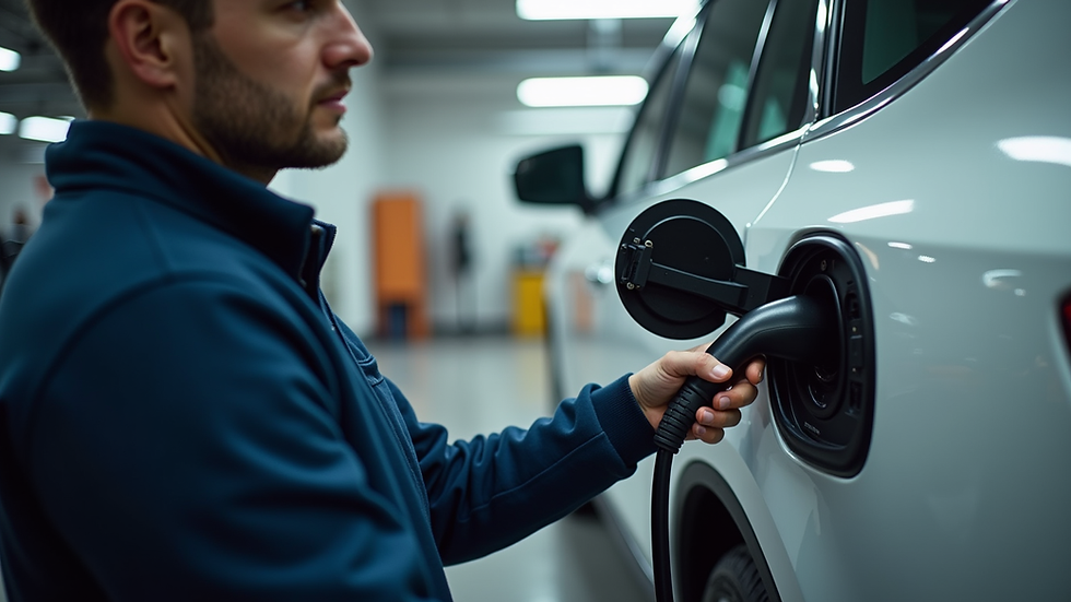 Eye-level view of an electrician wiring an EV charger inside a garage