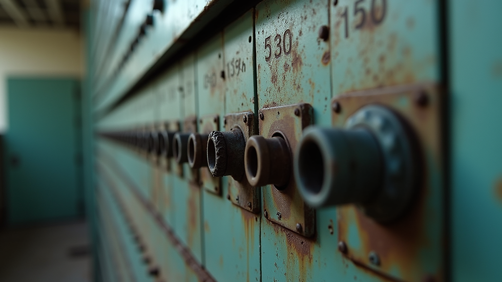 Eye-level view of an old electrical panel with rust and outdated breakers