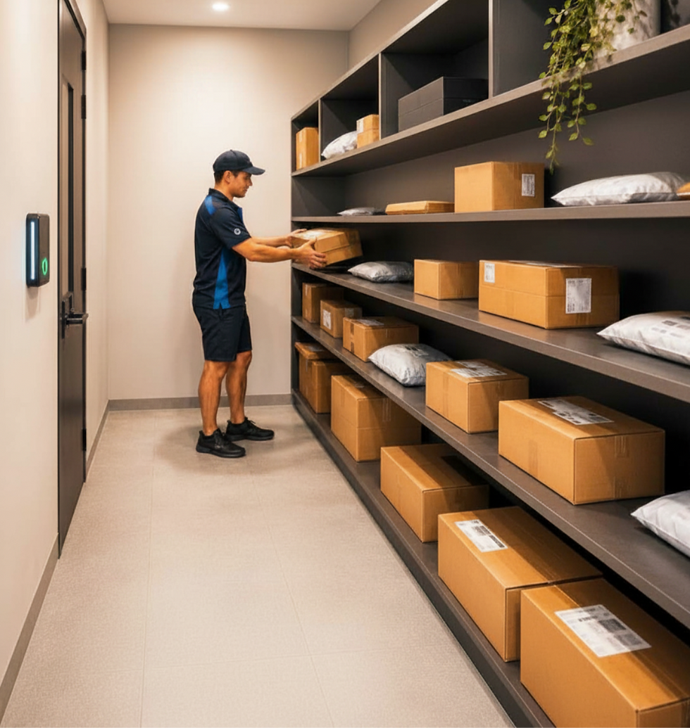 Courier loading large parcel room.png