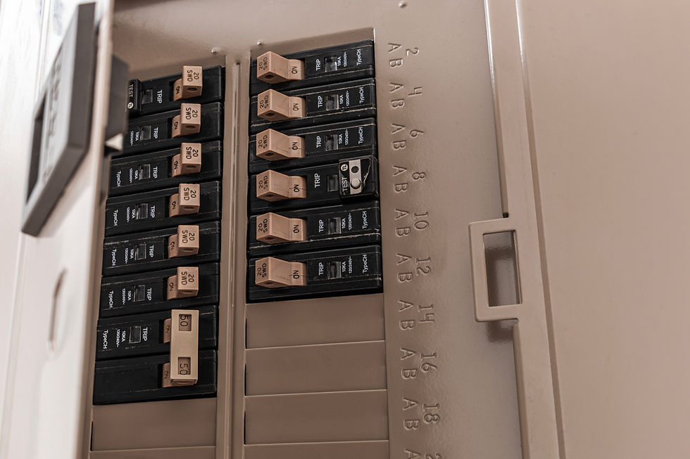 Residential electrical panel with rows of circuit breakers