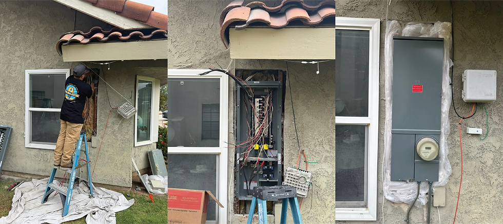 Electrician on ladder installs electrical panel on stucco wall. Panel wires exposed. Finished installation right side. Red "emergency disconnect" label.
