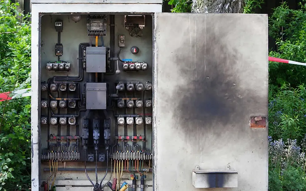 Open electrical panel with wires and switches, scorched exterior. Set outdoors with green foliage in the background.