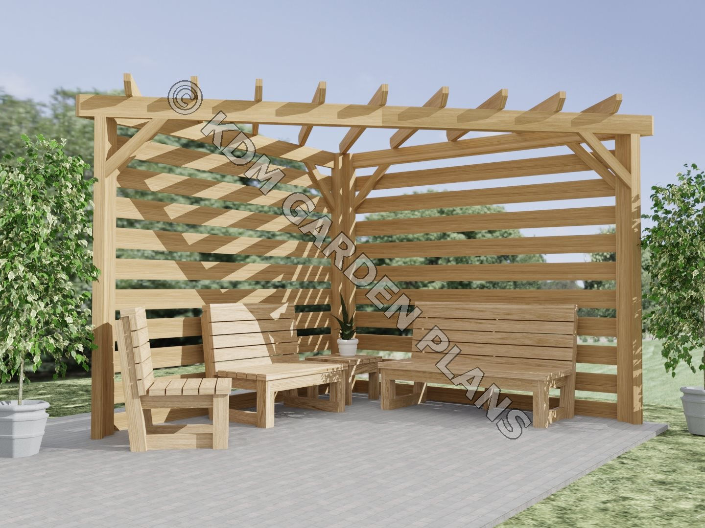 UK Wooden Garden Corner Pergola 3m x 3m Slatted Woodwork Plans