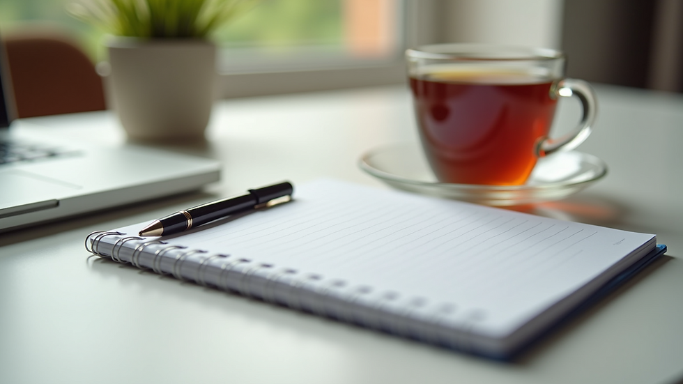 Close-up view of a notebook and pen on a desk with a cup of tea, symbolizing reflection and planning