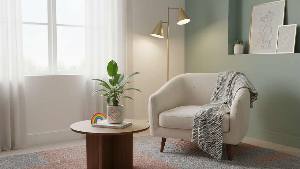 Eye-level view of a cozy therapy room with a comfortable chair and soft lighting