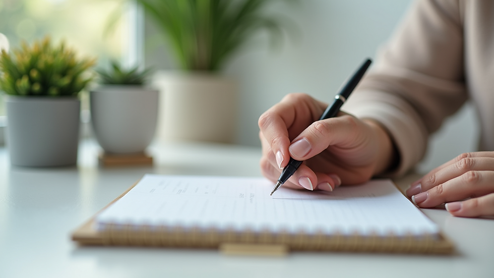 Close-up view of a therapist’s desk with a notebook, pen, and calming decor