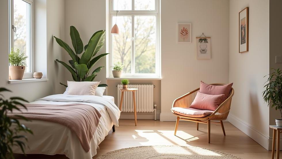 High angle view of a calm therapy room with soft colors and natural light
