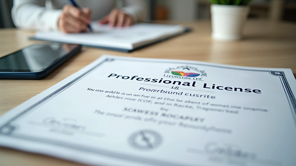High angle view of a counseling certificate and professional license on a desk