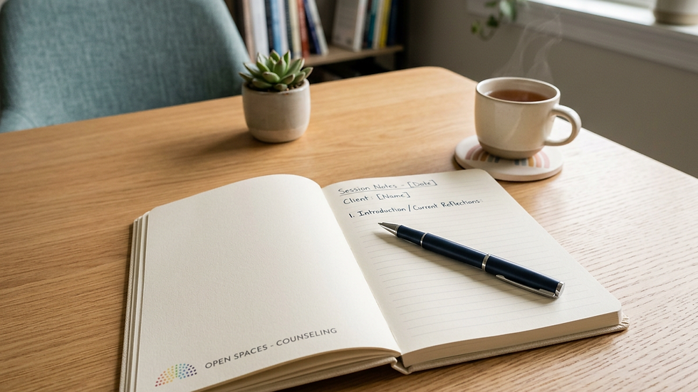 Close-up view of a notebook and pen on a table, ready for notes during a counseling session