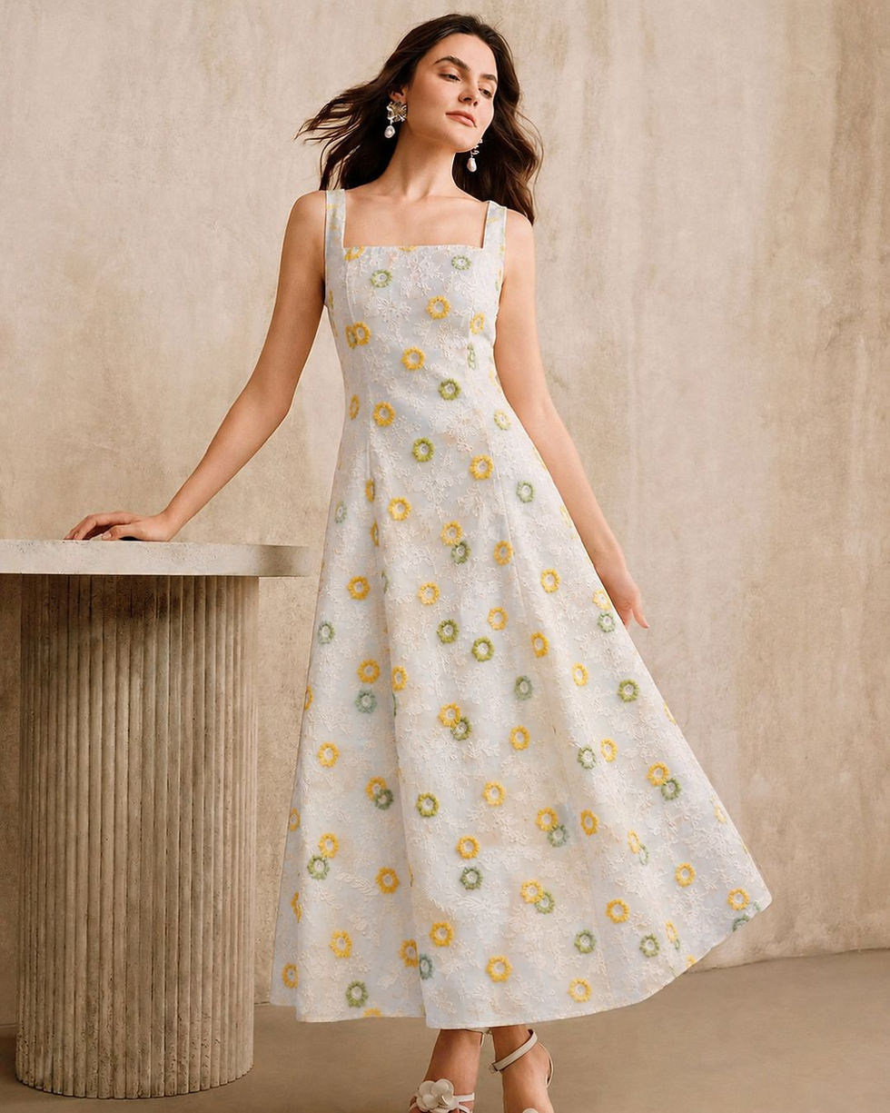 Floral Embroidered Square Neck Midi Dress Crafted for Premium Occasionwear Brands