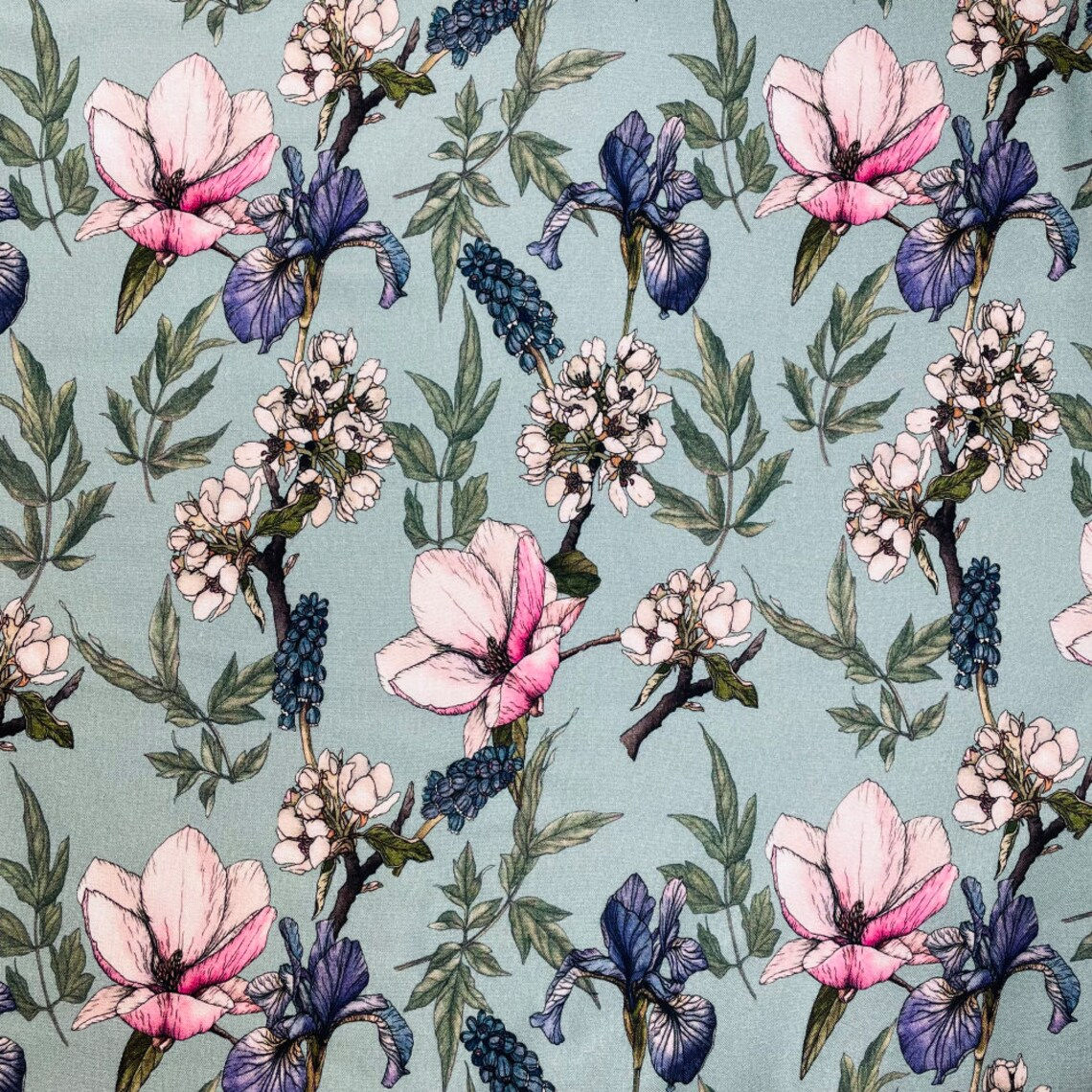 Bamboo fabric with antibacterial properties featuring magnolias and iris flowers print.