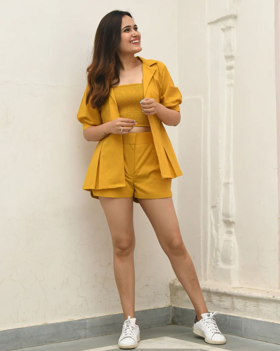 Girl's Mustard Yellow Co-Ord Set with Smocked Crop Top and Relaxed Fit Shorts