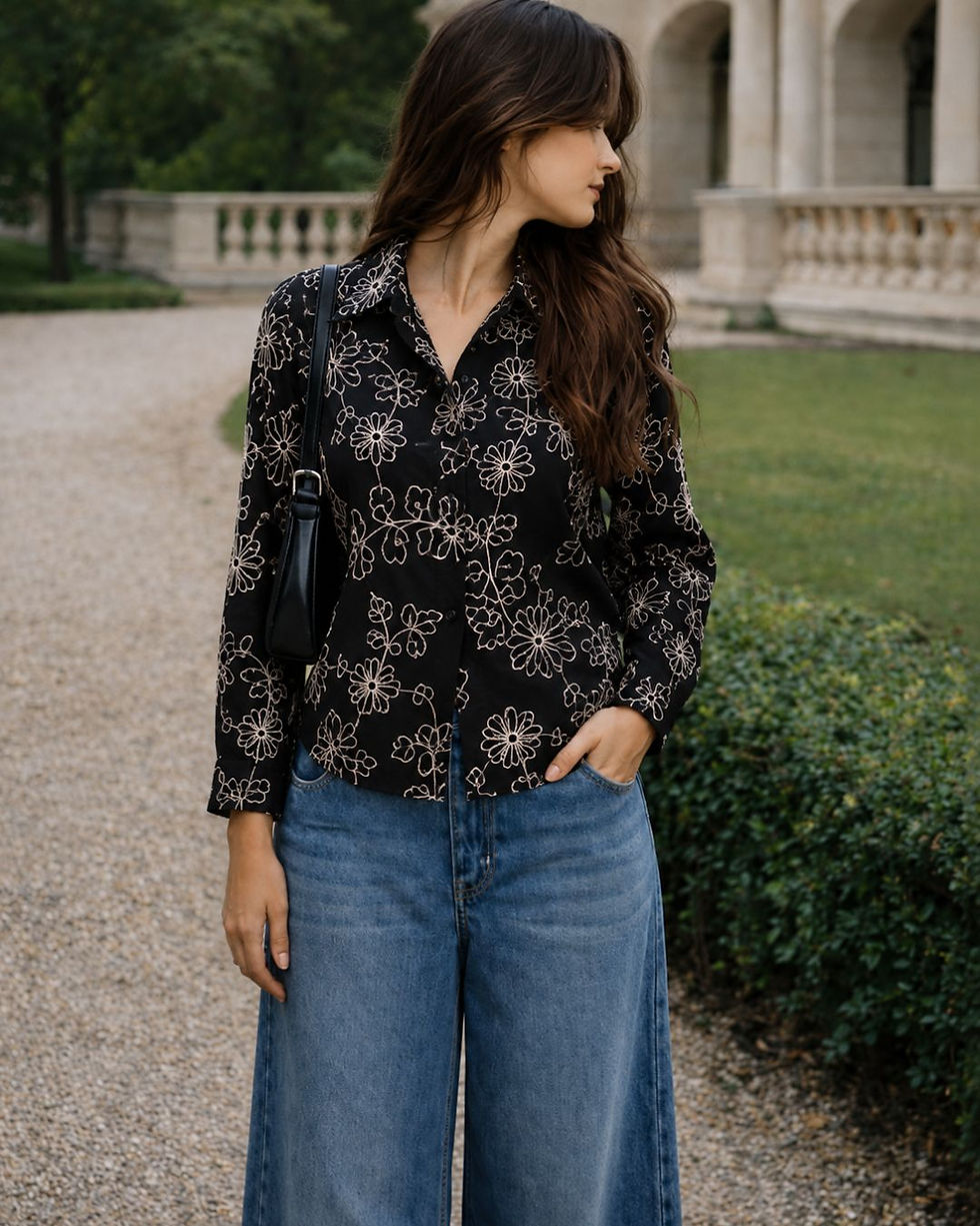 Women's Floral Embroidered Relaxed Fit Shirt, Everyday Elegant Premium Fabric