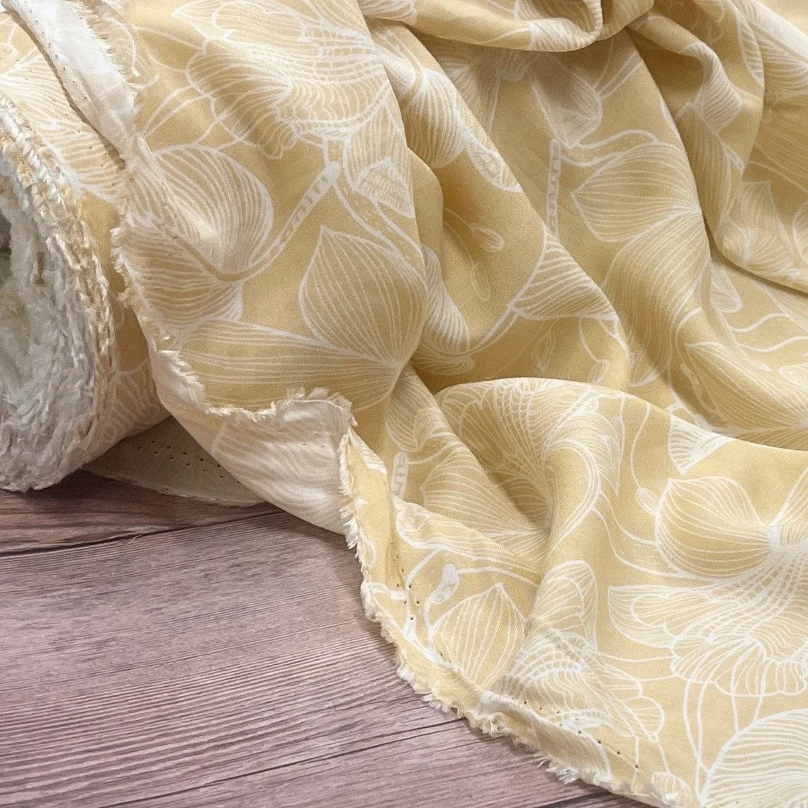 100% Viscose Fabric with flower and leaf in white print | | Made-to-Order